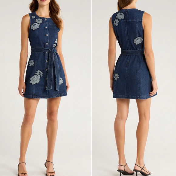 cinq a sept Dresses & Skirts - NWT Cing à Sept Marsha Floral Appliqué Tie Waist Denim Dress in Fontaine, size 6